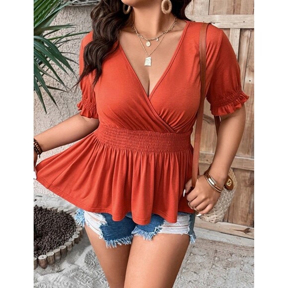 Peplum Wrap Smocked Waist Knit Top Ruffle Sleeve Sz 2X Milkmaid Cottagecore - Picture 6 of 12